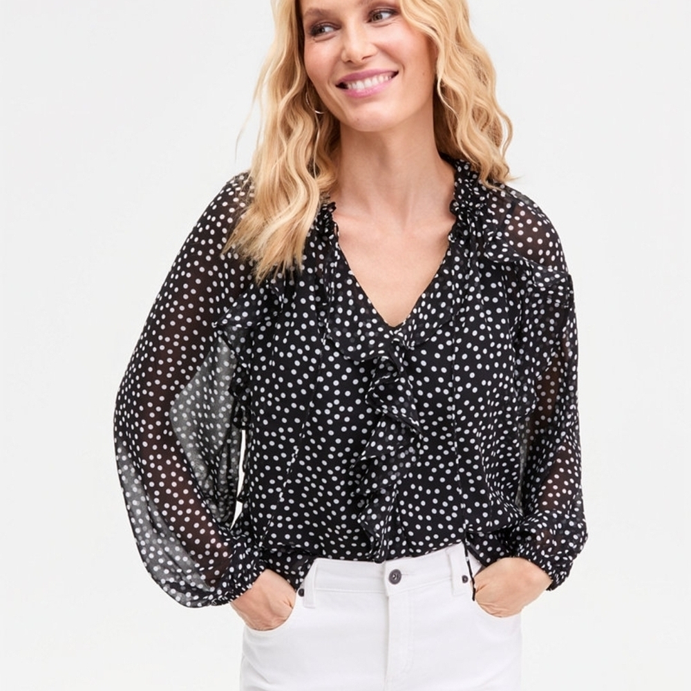 Pleione Black Sheer Blouse with White Polka Dots